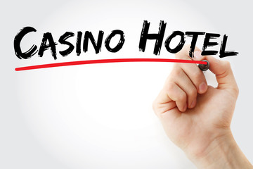 Casino hotel text with marker, concept background