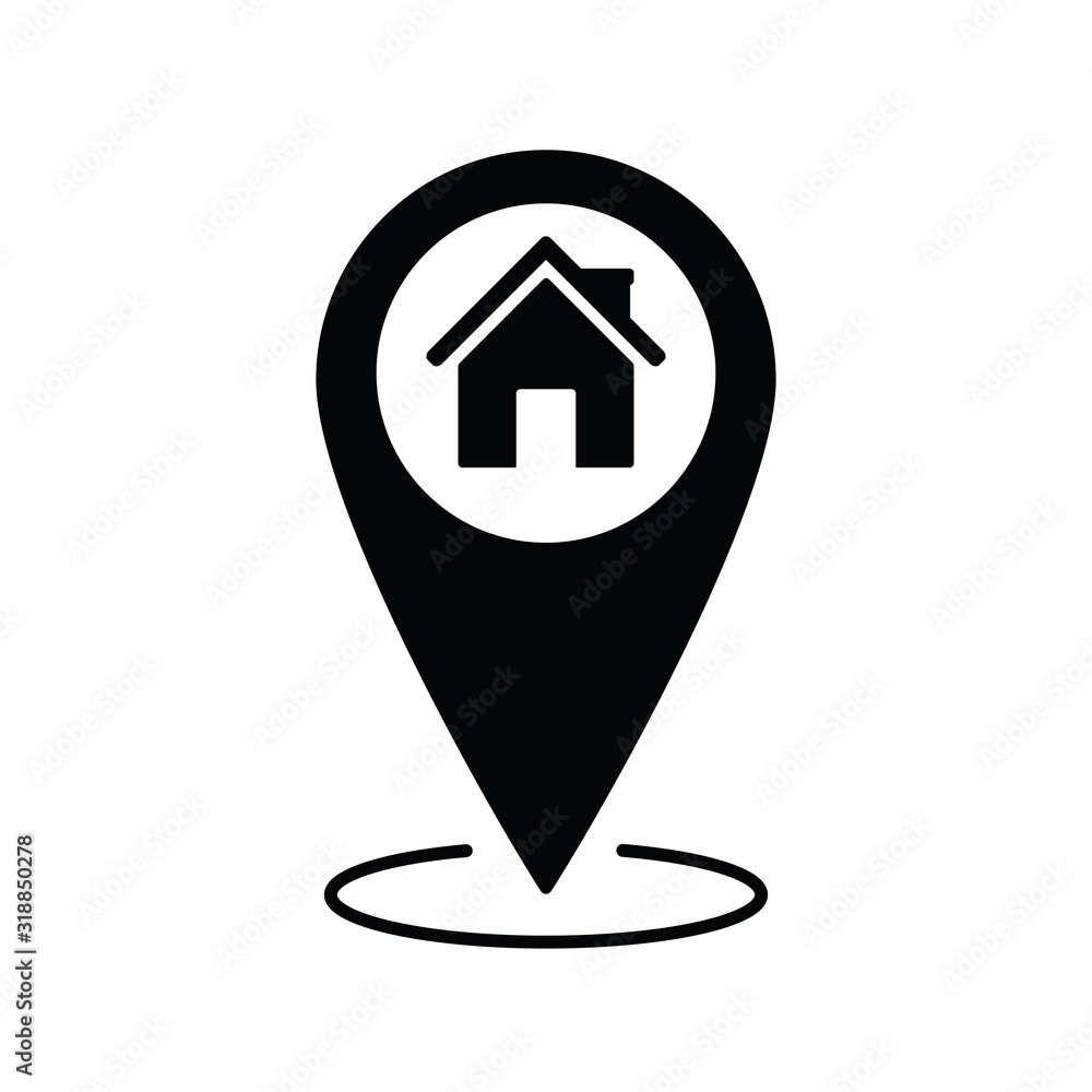 Aufkleber home vector icon; black map pointer with house icon