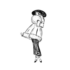 Woman In Art Nouveau Style, Fashion Female Silhouette, Hand Drawn Stylish Accessories, Vintage Clothes. 
