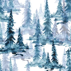 Fototapete Wald Nahtloses Aquarellmuster, Hintergrund. blaue und weiße Aquarell nahtlose Muster von Nadelbaum. blaue Silhouette Fichte, Kiefer, Zeder, Lärche, abstrakter Wald, Silhouette von Bäumen. Nebelwald