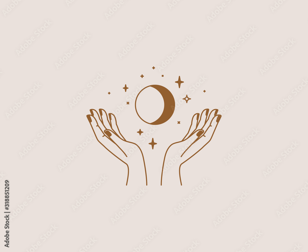 Poster Vector set of abstract logo design template in simple linear style - hands and stars - mystic abstract symbols for cosmetics and packaging, jewellery, hand crafted or beauty products