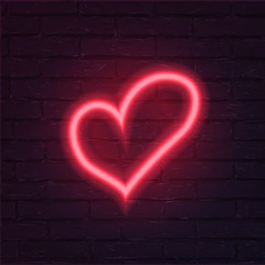 Neon red heart vector illustration. Romantic icon isolated on brick wall background. Love holiday celebration symbol. Valentine postcard, greeting card decorative design element.