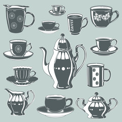 A set of tea and coffee utensils consisting of a cup, mug, saucer, teapot, sugar bowl and milk jug, on a gray isolated background