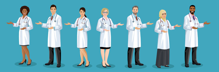 Big set of male and female doctors different nationalities. Men and woman medical staff are standing half turn and pointing by hand. European, Asian, African American, Arab hospital employees. Vector - 318853877