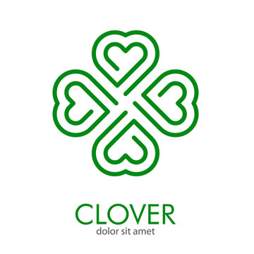 Logotipo abstracto con texto Clover con trébol lineal de 4 hojas con nudo en forma de corazón en color verde