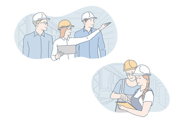 Engineer, industrial, building, teamwork set concept. Men and women present building. Boy and girl builders do teamwork, check plan of industrial project. Engineer examines factory. Simple flat vector