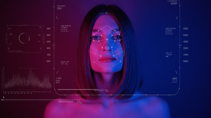Future. Face Detection. Technological 3d Scanning. Biometric Facial Recognition. Face Id. Technological Scanning Of The Face Of Beautiful Woman. Neon Portrait. Bright Neon Lights. For Facial