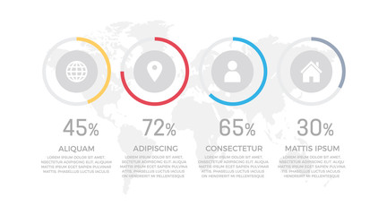Set of orange and red, blue, gray elements for infographic with world map presentation slides.