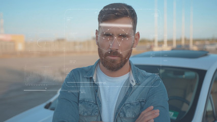 Future. Face Detection. Technological 3d Scanning. Biometric Facial Recognition. Face Id. Technological Scanning of the Face of Handsome Caucasian Man In The Car for Facial Recognition. Shoted by Arri