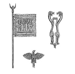 Ancient assyrian, sumerian, persian flags and standards. Black and white  standards set illustration.