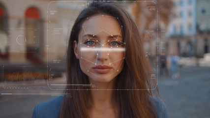 Future. Face Detection. Technological 3d Scanning. Biometric Facial Recognition. Face Id. Technological Scanning Of The Face Of Beautiful Caucasian Woman In The City For Facial Recognition. Shoted By