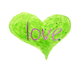 Green pastel texture heart made of paper isolated on white background with the words "love", concept Mother's day, Valentine's day, Birthday