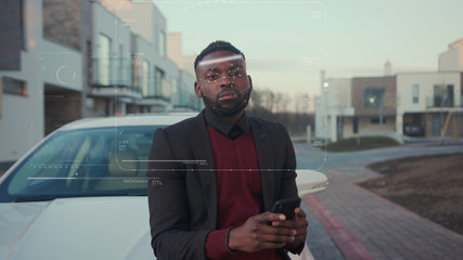 Future. Face Detection. Technological 3d Scanning. Biometric Facial Recognition. Face Id. Technological Scanning of the Face of Handsome Businessman At the Car for Facial Recognition. Shoted by Arri