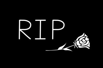 Vector - White letter RIP and symbole rose on black background. Simple style. End of life. Can be use for banner, card. Copy space.