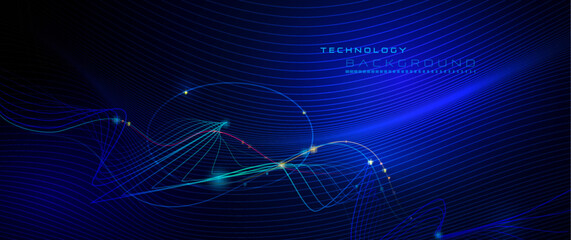 Vector illustration smooth lines in dark blue color background. Hi tech digital technology concept. Abstract futuristic, shiny lines background