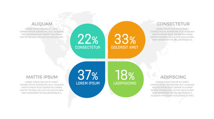 Set of blue and orange, turquoise, green elements for infographic with world map presentation slides.