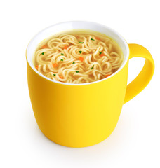 Hot cup of instant chicken noodle soup isolated on white background.