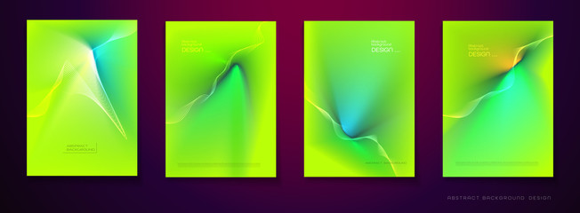 Vector set of illustration abstract wavy, wave, line and blurred gradient mesh in bright color background. Dynamic minimal wave line composition design in A 4 size, layout for flyer, poster, banner