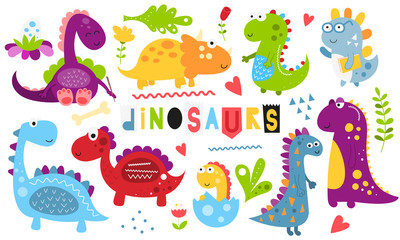 Cute dinosaurs set. Hand drawn. Doodle cartoon dino characters for nursery posters, cards, kids t-shirts. Vector illustration. Isolated on white background.