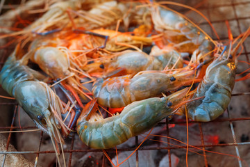 shrimp grilled bbq seafood on stove, outdoor food