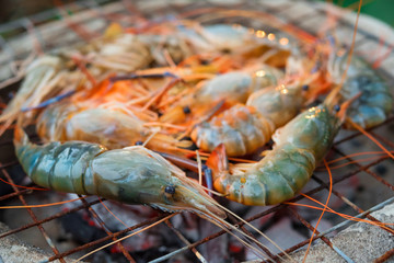shrimp grilled bbq seafood on stove, outdoor food