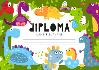 Diploma template with dino for kids, certificate background with hand drawn cute dinosaurs for school, preschool, kindergarten. Vector illustration. Place for text.