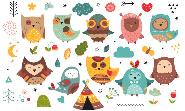 Cute scandinavian owls. Hand drawn. Doodle cartoon owls for nursery posters, cards, t-shirts. Vector illustration. Flowers, wigwam and plants.