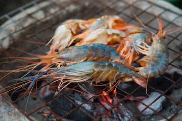 shrimp grilled bbq seafood on stove, outdoor food