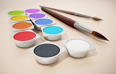 Watercolor paints and paintbrushes isolated on white background. 3D illustration