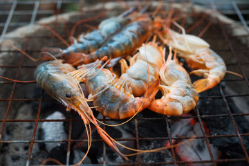 shrimp grilled bbq seafood on stove, outdoor food