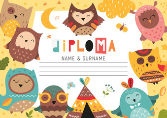Diploma template with cute owls for kids, certificate background with hand drawn owl for school, preschool, kindergarten. Vector illustration. Place for text.