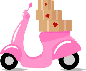 Creative  concept holiday valentines day delivery shipping vector illustration  old retro vintage scooter bike with love hearts boxes