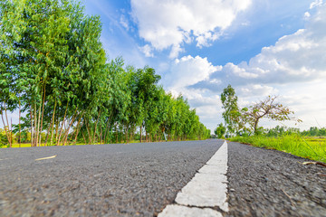 The road at contry side and tree under blue sky with beautiful clouds.