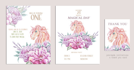 Birthday party invitation card template in lovely style with unicorns and flowers. Cute cartoon illustration set on white background.Can be used for greeting cards, invitations, poster, wedding invite