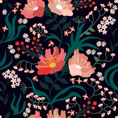 Seamless pattern with flowers and leaves. - 318862812