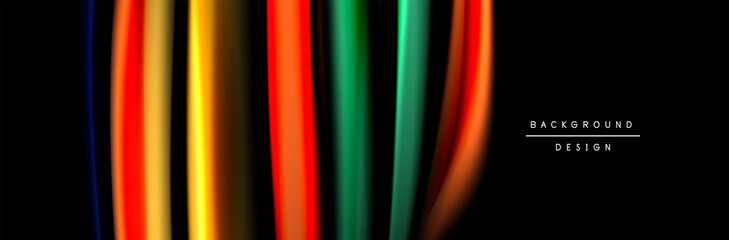 Silk and smooth flow wave poster design. Color waves, liquid style lines and shapes in black color background