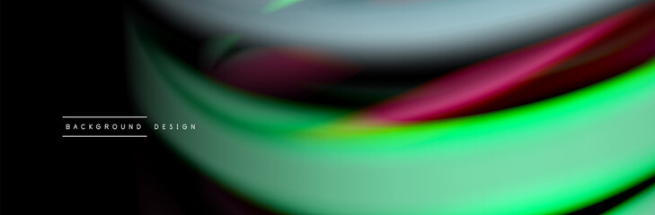 Silk and smooth flow wave poster design. Color waves, liquid style lines and shapes in black color background