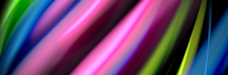 Silk and smooth flow wave poster design. Color waves, liquid style lines and shapes in black color background