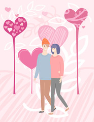 Man and woman walking and cuddling vector, people in love and floral ornaments with hearts shapes. Adults strolling together, pair expressing feelings