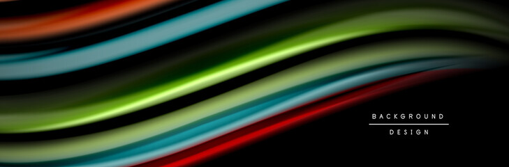 Silk and smooth flow wave poster design. Color waves, liquid style lines and shapes in black color background