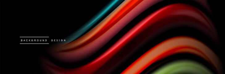 Silk and smooth flow wave poster design. Color waves, liquid style lines and shapes in black color background