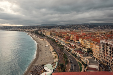 Nice, France September 2019. Panoramic view of Nice coastline and beach with blue sky, France. Cloudy day in Nice.