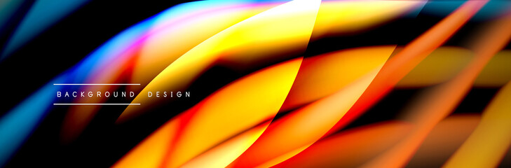 Сolorful flow poster. Wave liquid lines and shapes in black color background. Vector Illustration