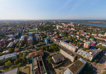 Fototapeta premium Tomsk city, stadium and Tom river. Aerial, summer, sunny