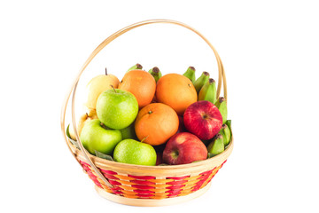 orange, Chinese pear, banana, red apple and green apple in wicker basket on white background fruit health food isolated