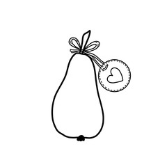 Ripe pear with a round tag in the center with a heart. Black and white illustration of a pear close-up on a white background. Isolated fruit for your design.