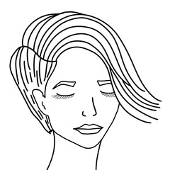 Face of a beautiful young woman close-up on a white background. Abstract portrait of a woman with closed eyes and a symmetrical haircut with a long bang.
