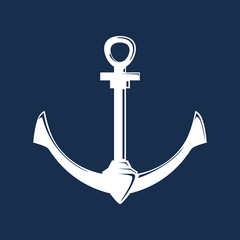 White flat anchor isolated on a blue background, silhouette marine equipment, travel and tourism concept, vector illustration