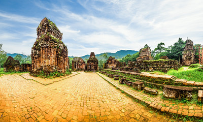 Landscape with My Son Sanctuary complex, ruins of Old hindu temple in Vietnam