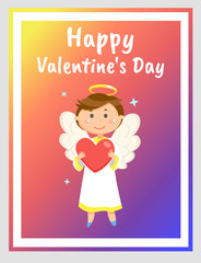 Angel boy with red heart, happy Valentines day greeting card vector. Cupid with halo and wings, love holiday, congratulation and wishes, angelic child